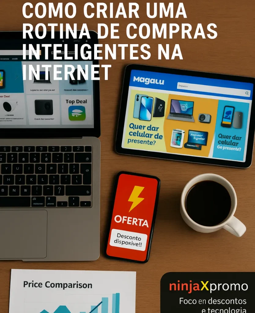 Espaço de trabalho organizado com notebook, ideal para planejar como comprar com inteligência na internet.