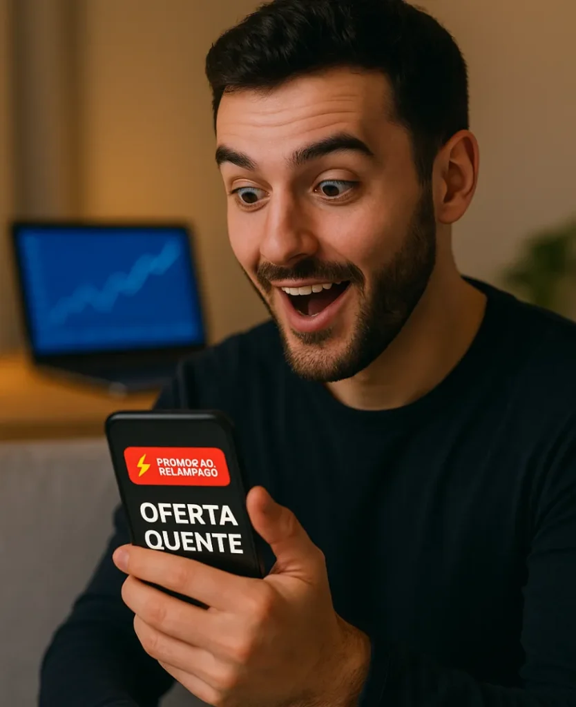 Homem jovem com celular na mão visualizando notificações, representando como receber promoção relâmpago primeiro.