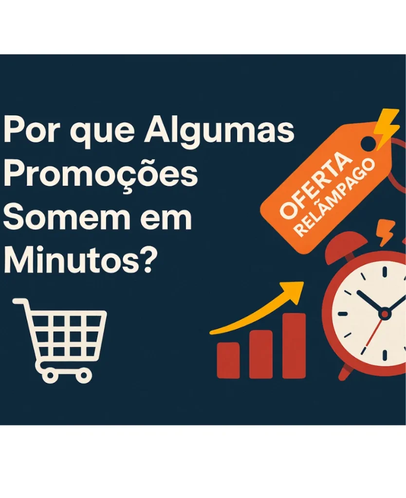 Imagem com fundo azul escuro mostrando a pergunta “Por que Algumas Promoções Acabam Tão Rápido?” ao lado de ícones de carrinho de compras, etiqueta de "Oferta Relâmpago", gráfico de crescimento e despertador, simbolizando urgência e algoritmos de estoque.