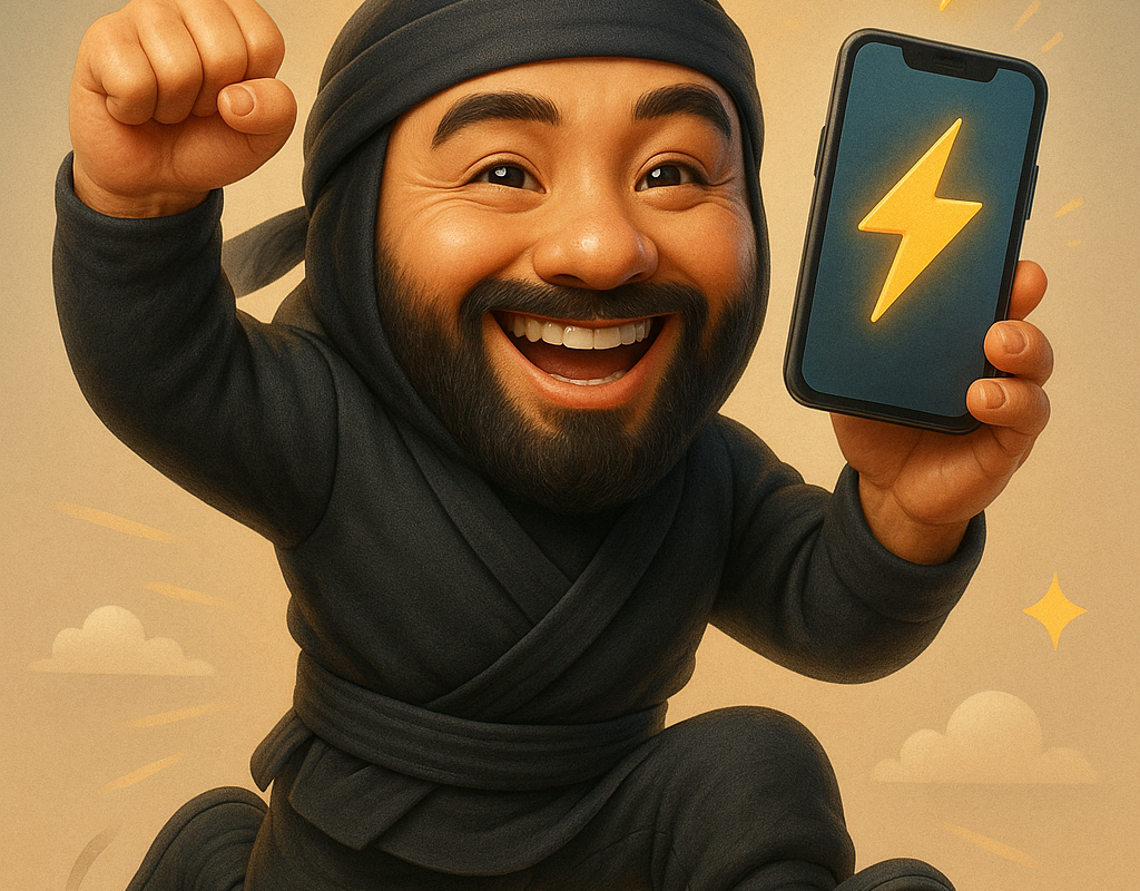 Ninja Energético com Smartphone Brilhante ninja com smartphone e raio - quem somos ninjaxpromo